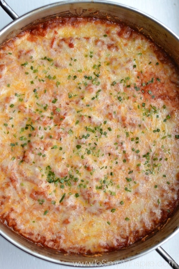 Overhead view of Mexican Cauliflower Rice Casserole in a stainless steel pan