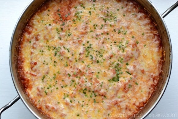 Top view of Mexican Cauliflower Rice Casserole in a stainless steel pan