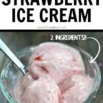 strawberry ice cream in a glass bowl with text overlay