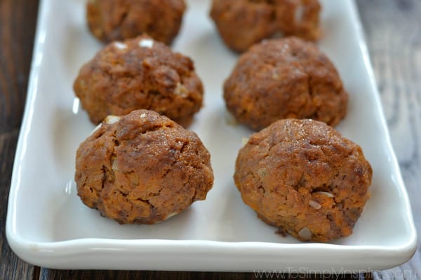 closeup of six Sweet Potato Meatballs on a white plate