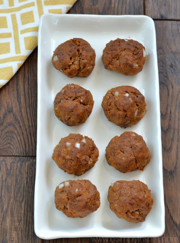 eight Sweet Potato Meatballs on a rectangle white plate