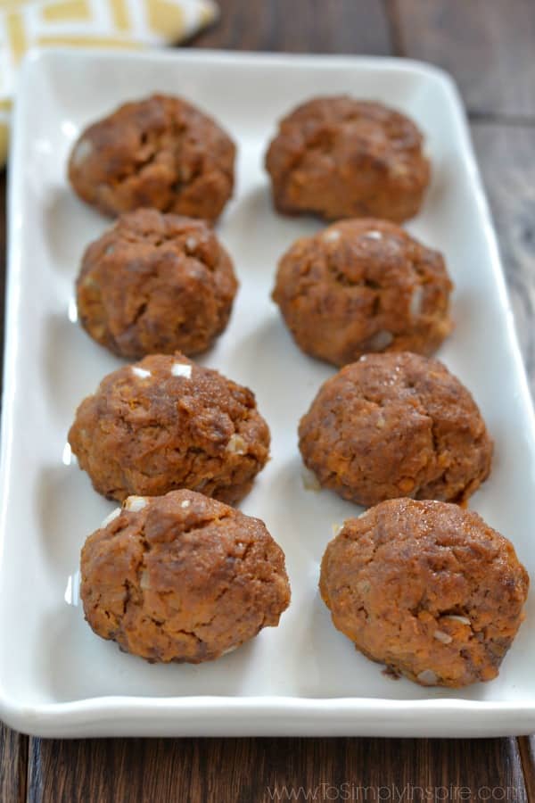 eight Sweet Potato Meatballs on a white plate