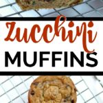 three zucchini muffins on a cooling rack and half a muffin