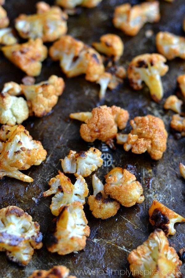 Buffalo Cauliflower recipe on a baking sheet