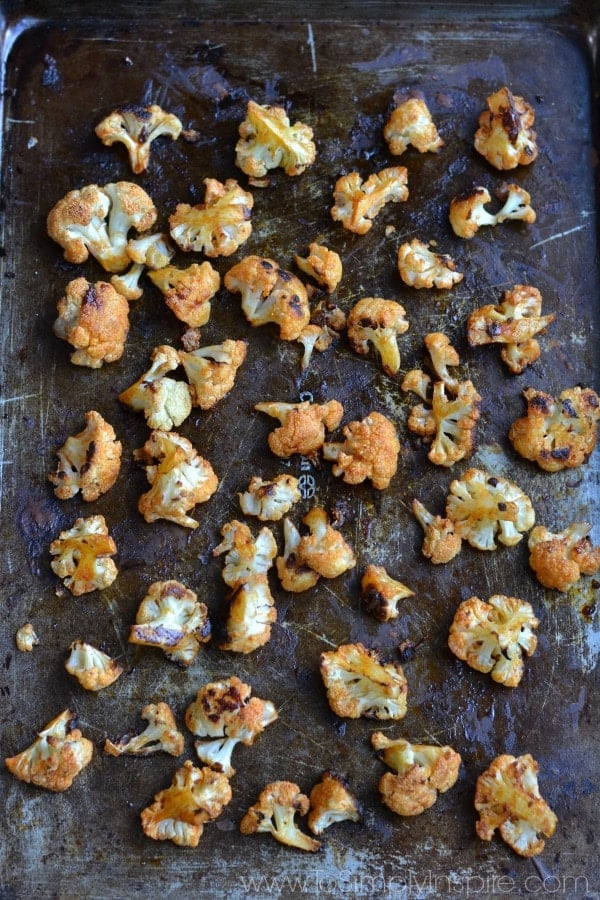 Buffalo Cauliflower recipe on a baking sheet