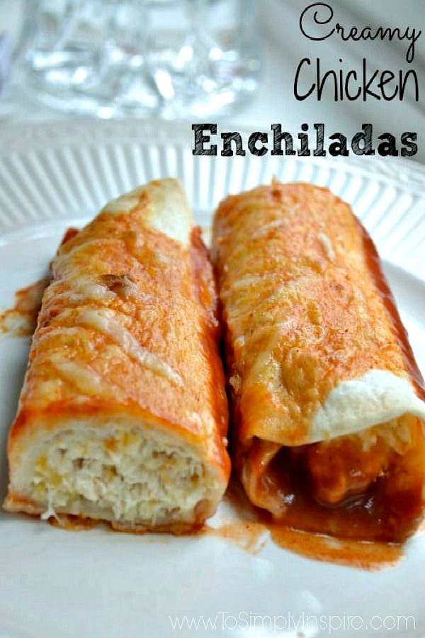 two chicken enchiladas on a white plate with text overlay