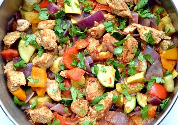 closeup of Mexican Chicken Zucchini Skillet recipe in a stainless steel pan