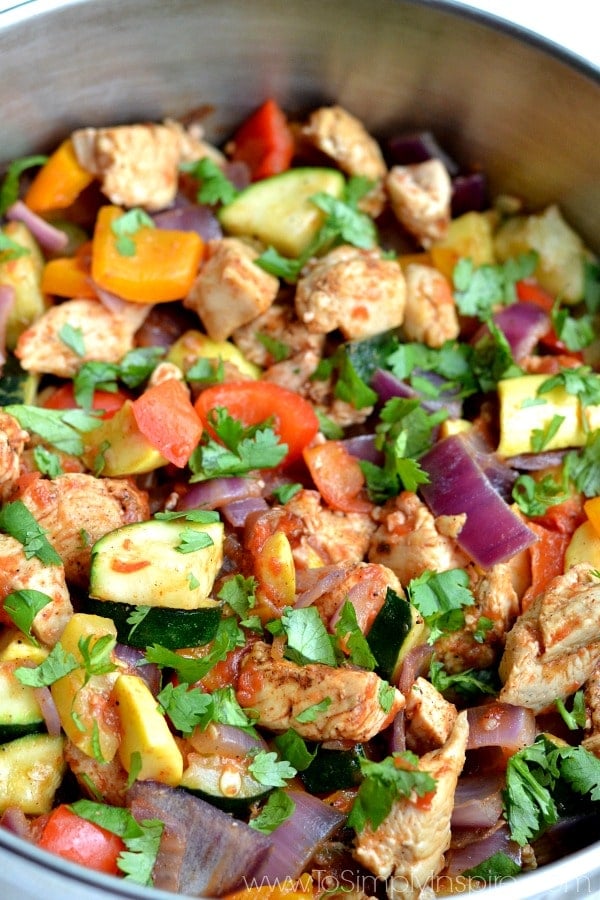 closeup of Mexican Chicken Zucchini Skillet recipe in a stainless steel pan