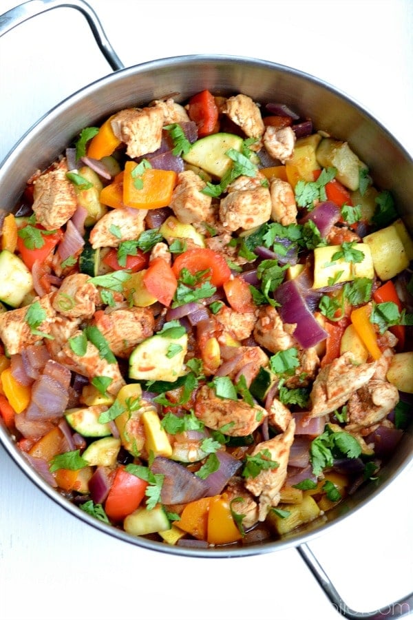 closeup of Mexican Chicken Zucchini Skillet recipe in a stainless steel pan