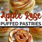 apple rose puffed pastry dessert on a silver tray