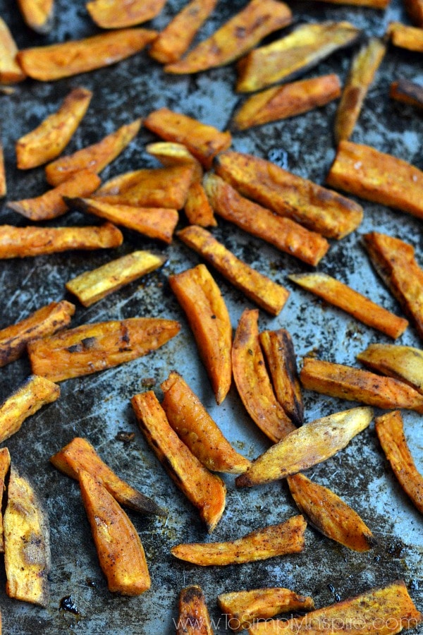 sweet potato fries on a baking sheet