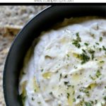closeup of white bean dip recipe with text overlay