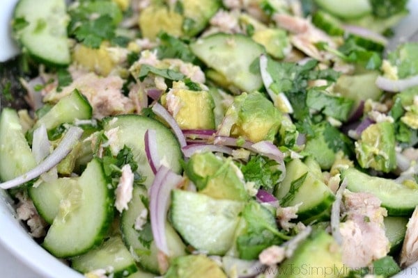 Closeup of Avocado Tuna Salad recipe with cucumbers, red onion and avocado 