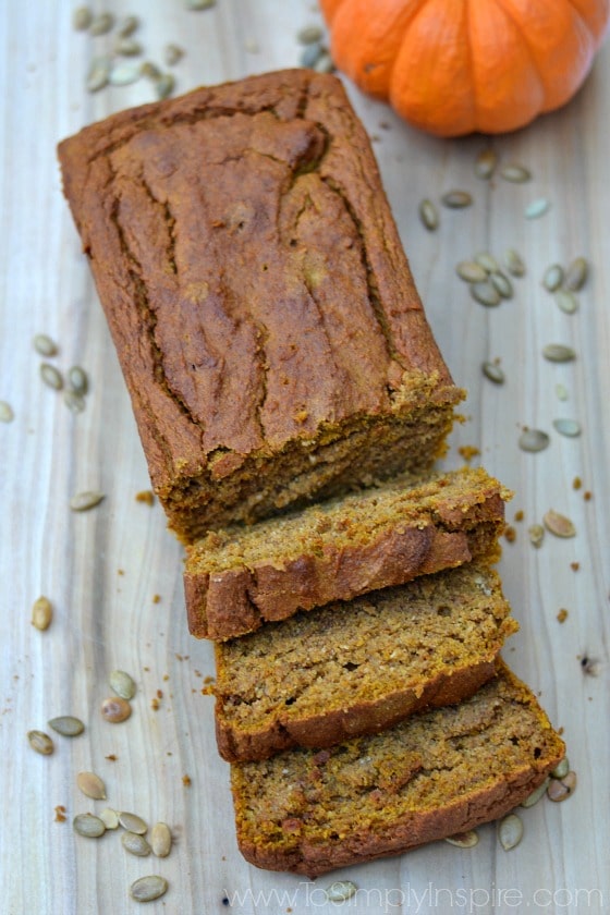 pumpkin bread loaf with 3 slices cut