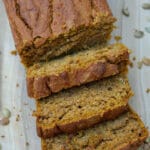 pumpkin bread loaf with 3 slices cut