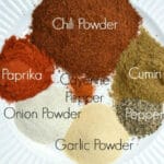 several seasonings in piles on a plate labeled with their names. Chili powder, paprika, cumin, onion powder, garlic powder, pepper and cayenne