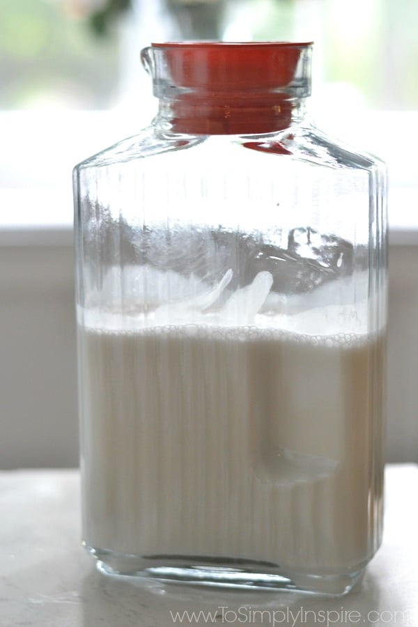 Homemade Coconut Milk in a glass pitcher