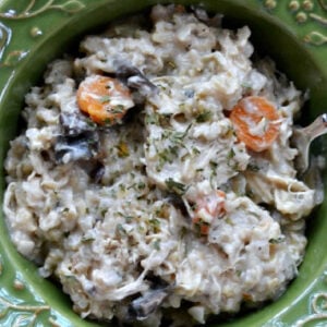 creamy chicken and rice casserole in a green bowl