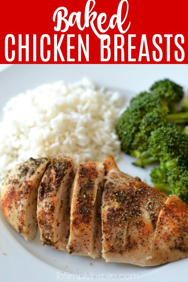 Closeup of baked chicken breasts on a white plate with rice and broccoli with text overlay. 