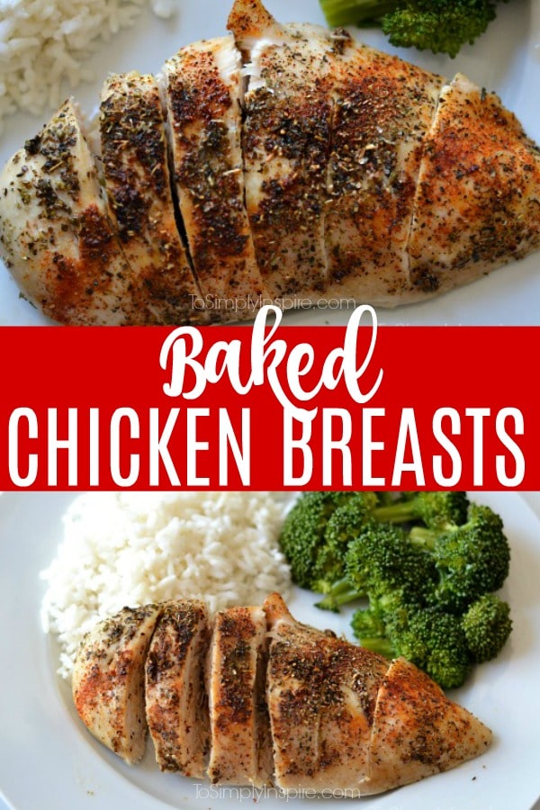 closeup of baked chicken on a white plate with rice and broccoli 