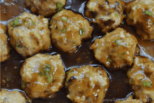 Closeup of Teriyaki Chicken Meatballs Recipe in a brown sauce
