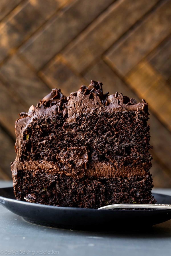 A piece of chocolate cake on a table