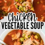 a pot of chicken vegetable coup and white bowl full of soup