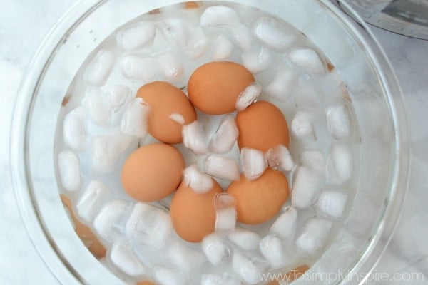 6 brown eggs in a bowl of ice water