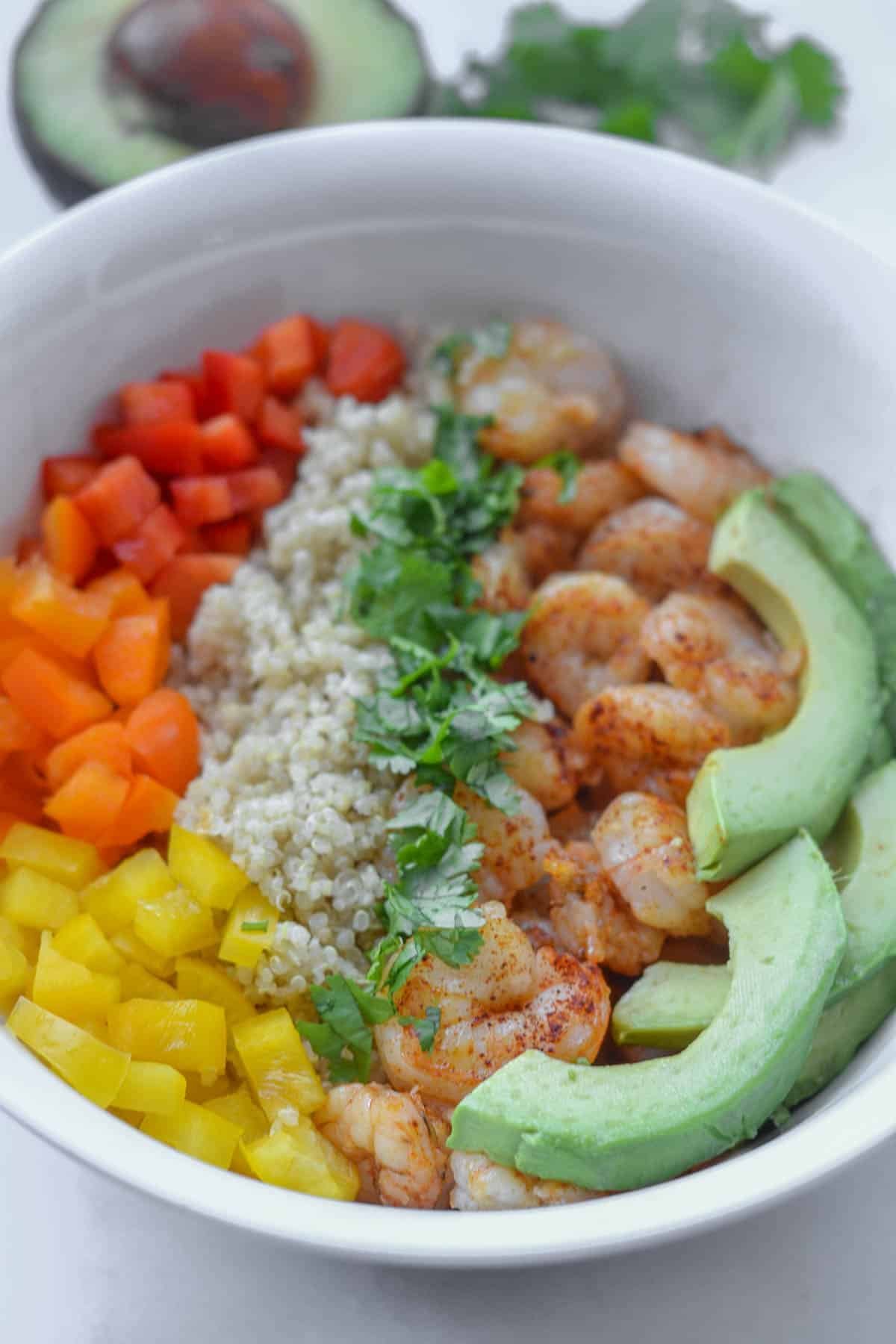 closeup of a bowl of Shrimp, quinoa, sliced avocado and red, yellow, orange peppers