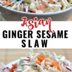 asian slaw with ginger sesame dressing in a white bowl