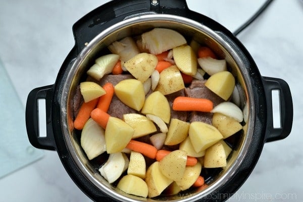 overhead of carrots and diced potatoes in an instant pot