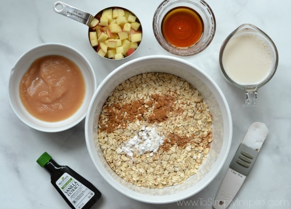 Overhead view of oats in a bowl, bowl of applesauce, cup of diced apples, cup of maple syrup and cup of milk