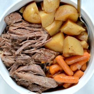 pot roast in a white bowl