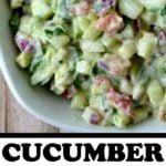 cucumber avocado salsa in a white bowl with text overlay
