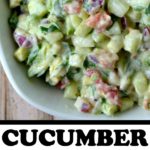 cucumber avocado salsa in a white bowl with text overlay