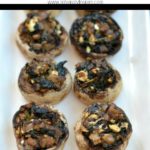 eight stuffed mushrooms lined up on a white plate
