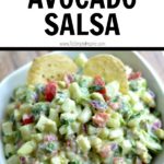 cucumber avocado salsa recipe in a white bowl