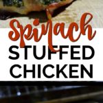 closeup of bacon wrapped stuffed chicken breast on a wood cutting board