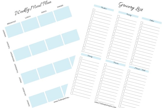 weekly meal plan and grocery list printable sheet in light blue and white