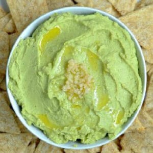 closeup of avocado hummus