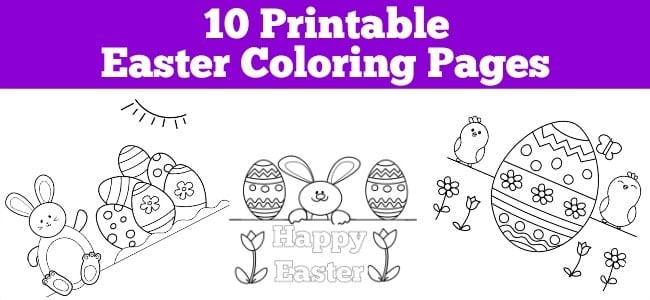 Easter coloring page with a bunny and eggs with text overlay saying 10 printable Easter coloring pages