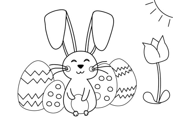 Easter coloring page with a bunny, a flower and 4 eggs