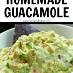 guacamole in a white bowl with text overlay