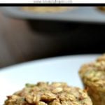 zucchini banana oatmeal muffin on a white plate with text overlay
