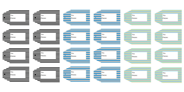 four rows of printable gift tags in black stripes, blue strips and green stripes