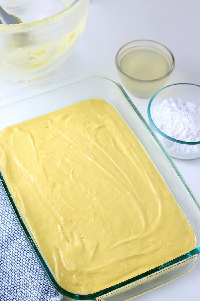 overhead picture of cake mix in a glass baking dish