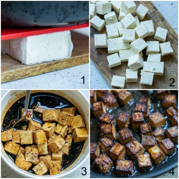 collage tofu being cut, marinaded and cooked in a pan