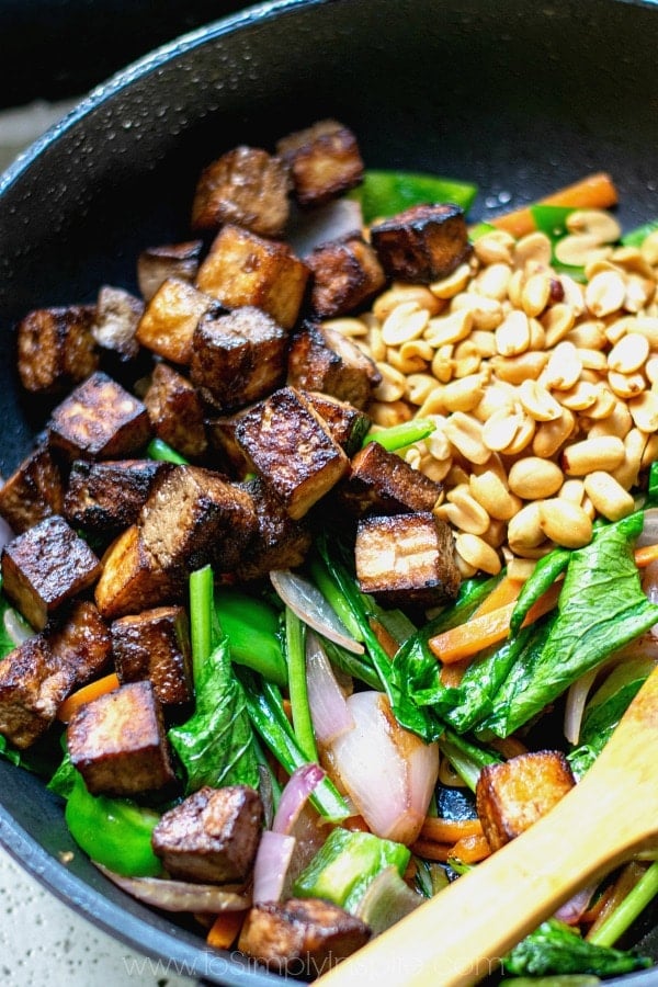 Kung Pao Tofu cooking in a pan