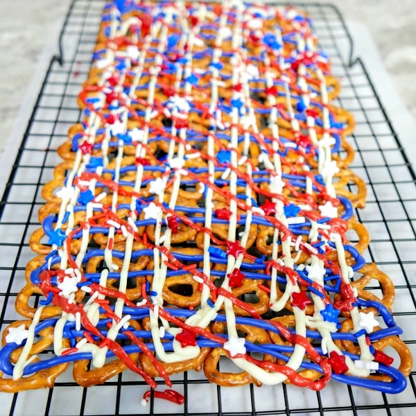 Patriotic Pretzels on a black cooling rack