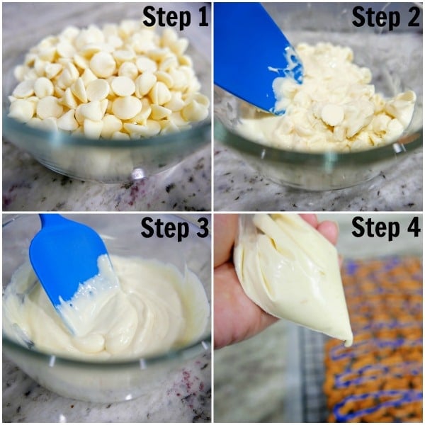 a collage of melting white chocolate chips and putting it into a baggie